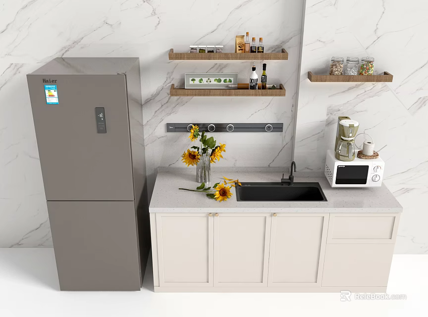 Modern Kitchen With White Cabinets Marble Wall Sunflowers Sink And Wooden Shelves 3d model 