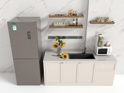 Modern Kitchen With White Cabinets Marble Wall Sunflowers Sink And Wooden Shelves 3d model