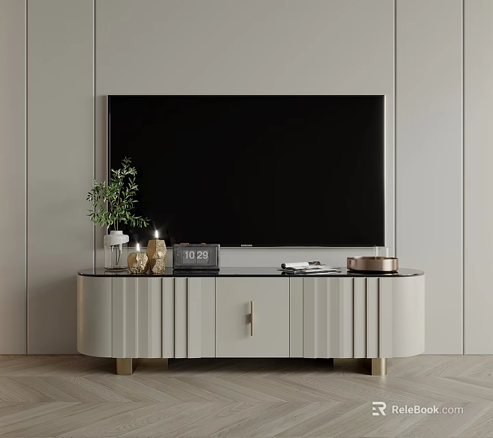 Elegant Modern TV Stand with Light Gray Finish Gold Legs TV and Potted Plant 3d model 