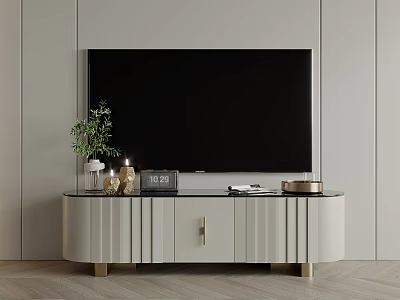 Elegant Modern TV Stand with Light Gray Finish Gold Legs TV and Potted Plant 3d model