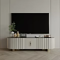 Elegant Modern TV Stand with Light Gray Finish Gold Legs TV and Potted Plant