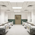 Spacious Hospital Ward Interior With Multiple Beds Curtains Central Door And Ceiling Lights
