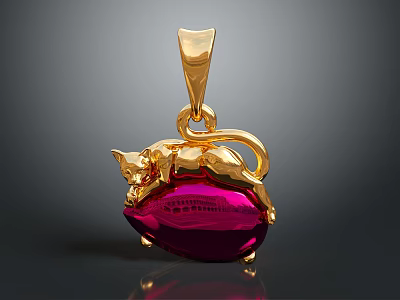 Elegant Gold Pendant Sculpture With Intricate Carved Cat On Red Gemstone 3d model