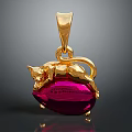 Elegant Gold Pendant Sculpture With Intricate Carved Cat On Red Gemstone
