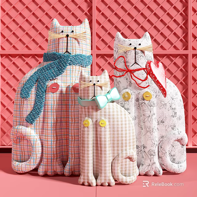 Cat Shaped Decorative Ornament Set with Scarves Bow Ties Buttons and Pink Lattice Background 3d model 