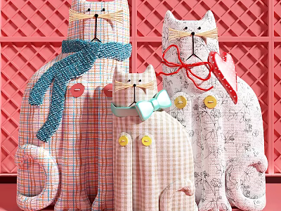 Cat Shaped Decorative Ornament Set with Scarves Bow Ties Buttons and Pink Lattice Background 3d model