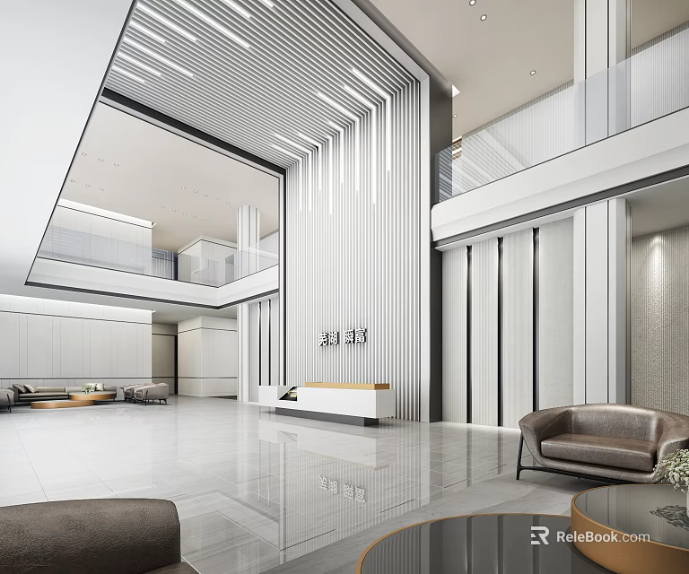 Modern Spacious Reception Lobby With White Gray Desk Marble Sofa And Minimalist Design 3d model 
