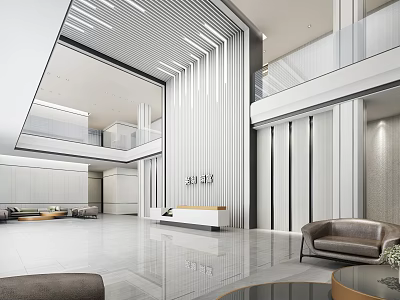 Modern Spacious Reception Lobby With White Gray Desk Marble Sofa And Minimalist Design 3d model