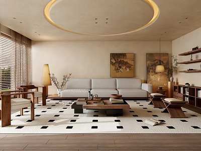 Modern Living Room Interior Design With Sofa Coffee Table Round Ceiling Light And Patterned Rug 3d model