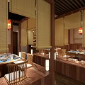 Japanese Restaurant Interior Featuring Red Colored Lanterns Wooden Counter Chairs and Shelves with Tableware
