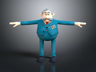 Cartoon Style Elderly Man Game And Movie Character In Blue Suit With Medals Arms Outstretched 3d model