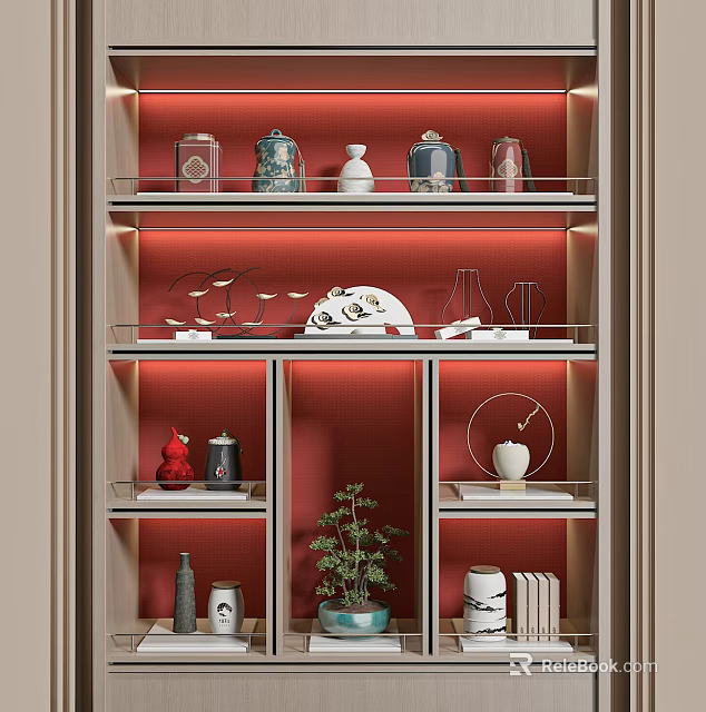 Modern Decorative Ornaments Set On Multilayer Display Shelf With Red Background Vases Sculptures And Potted Plant 3d model 