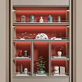Modern Decorative Ornaments Set On Multilayer Display Shelf With Red Background Vases Sculptures And Potted Plant