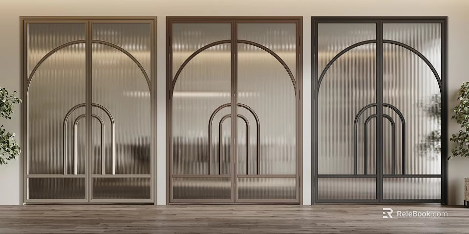 Modern Double Doors with Arched Patterns Textured Glass and Various Color Tones for Interior Design 3d model 