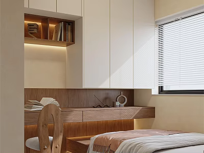 Modern Minimalist Tatami Bedroom Interior With Wooden Desk Built in Bookshelf And Window Blinds 3d model