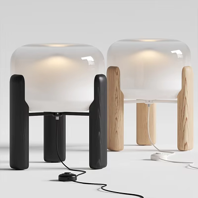 Two Modern Table Lamps With White Translucent Lampshade And Black Wooden Support Legs 3d model