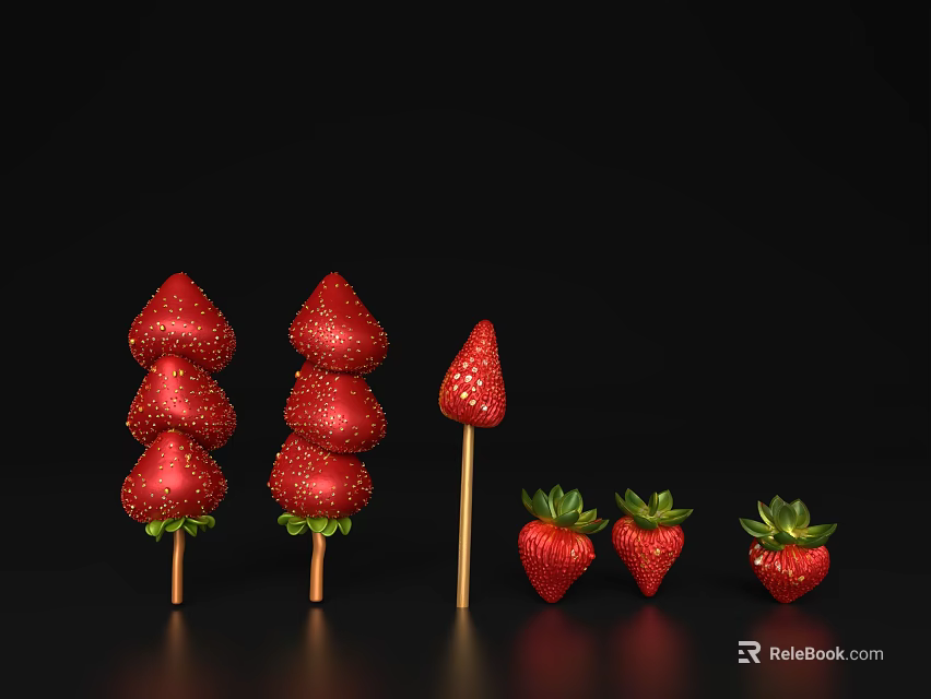 Fresh Juicy Red Strawberries Skewers And Whole Strawberries Against Black Background 3d model 