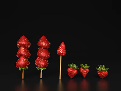 Fresh Juicy Red Strawberries Skewers And Whole Strawberries Against Black Background 3d model