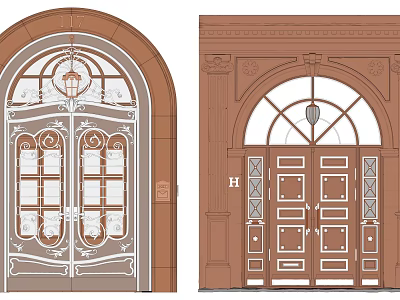Ornate Double Doors With Arched Top Carved Designs And Glass Panels 3d model