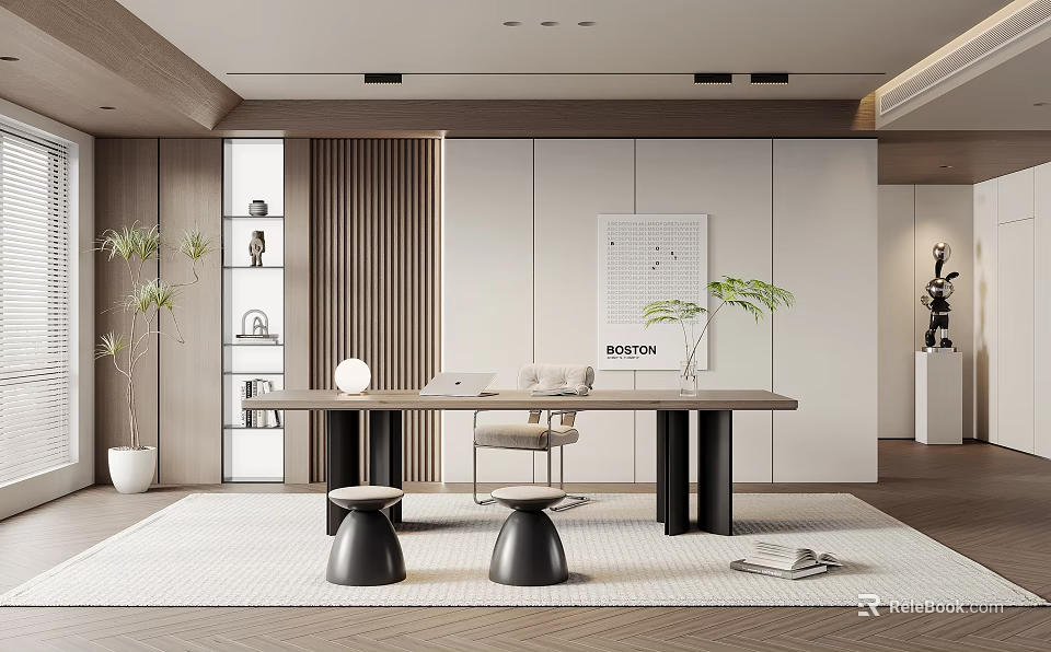 Modern Study Room Interior With Desk Chairs And Plants 3d model