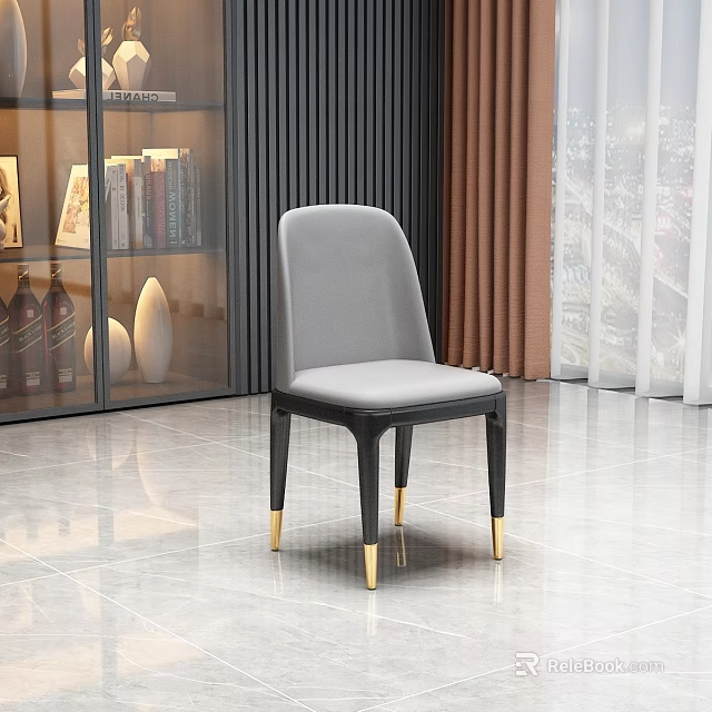 Modern Grey Leather Dining Chair With Black Legs And Gold Accents 3d model 