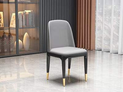 Modern Grey Leather Dining Chair With Black Legs And Gold Accents 3d model