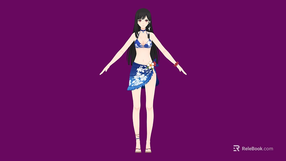 A Woman Wearing Bikini Top And Blue White Patterned Skirt Against Purple Background 3d model 