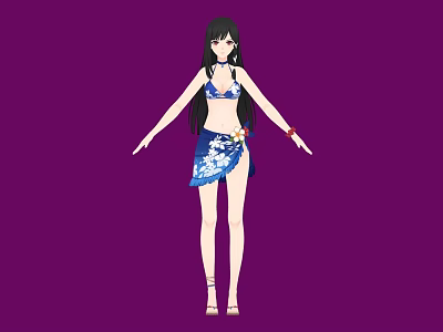 A Woman Wearing Bikini Top And Blue White Patterned Skirt Against Purple Background 3d model