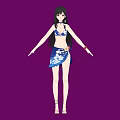 A Woman Wearing Bikini Top And Blue White Patterned Skirt Against Purple Background