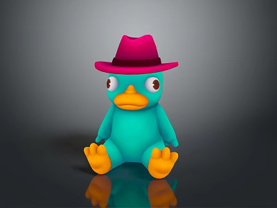 Turquoise Duck Toy Wearing Red Hat With Yellow Feet On Black Reflective Surface 3d model
