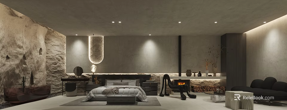 Modern Hotel Room Interior With Fireplace Gray Walls Bed And Decorative Lighting 3d model 