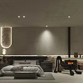 Modern Hotel Room Interior With Fireplace Gray Walls Bed And Decorative Lighting
