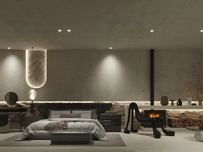 Modern Hotel Room Interior With Fireplace Gray Walls Bed And Decorative Lighting 3d model