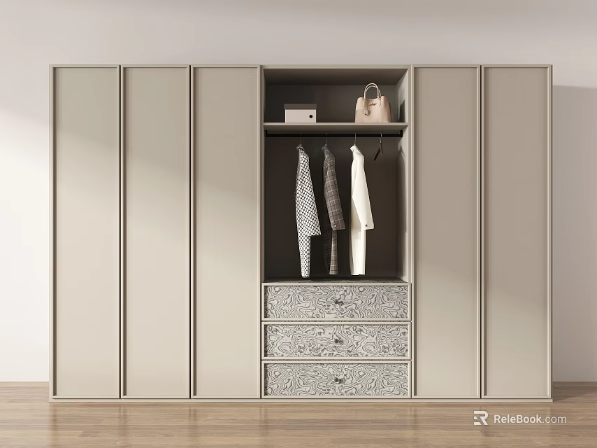 Modern Wardrobe With Sliding Doors Open Design Hanging Clothes Handbag And Patterned Drawers 3d model 