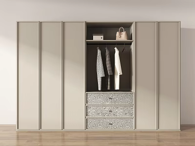 Modern Wardrobe With Sliding Doors Open Design Hanging Clothes Handbag And Patterned Drawers 3d model