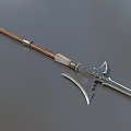 Medieval Long Shaft Weapon with Wooden Handle and Ornate Metal Spearhead Design