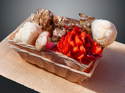 Fresh Assorted Vegetables in Woven Basket with Mushrooms and Red Veggies on Linen Cloth 3d model