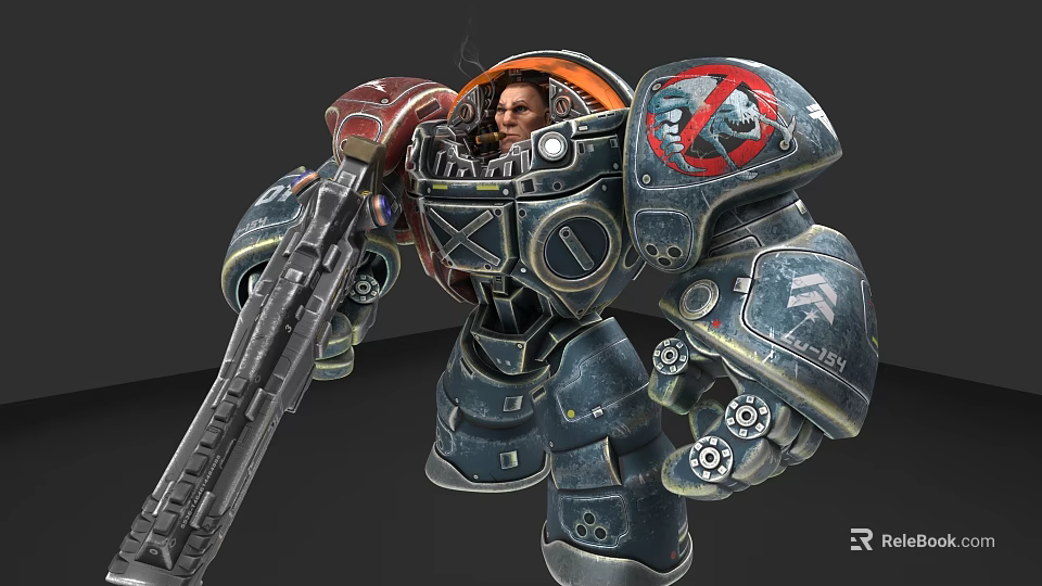 Mechanical Doll In Blue Red Armor With Gun Pilot And Forbidden Sign 3d model 