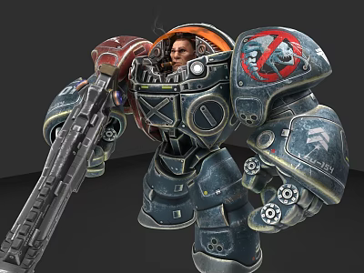 Mechanical Doll In Blue Red Armor With Gun Pilot And Forbidden Sign 3d model
