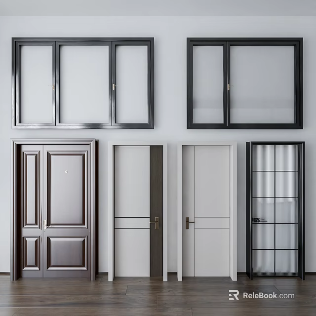 Modern Hinged Doors In Black White Brown With Glass Panel And Solid Designs 3d model