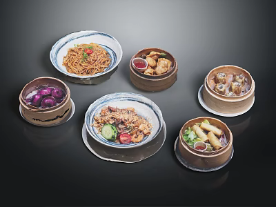 Assorted Chinese Food Dishes Including Noodles Steamed Dumplings And Vegetables In Bamboo Containers 3d model