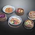 Assorted Chinese Food Dishes Including Noodles Steamed Dumplings And Vegetables In Bamboo Containers