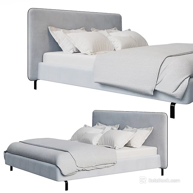 Modern Double Bed With Soft Upholstered Headboard Multiple White Pillows And Light Bedding 3d model