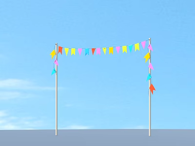 Colorful Triangular Flags Hanging Between Two Poles Against Blue Sky With White Clouds 3d model