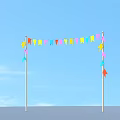 Colorful Triangular Flags Hanging Between Two Poles Against Blue Sky With White Clouds