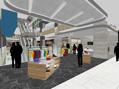 Modern Shopping Mall Hall Interior With Shoppers Display Counters And Storefronts 3d model
