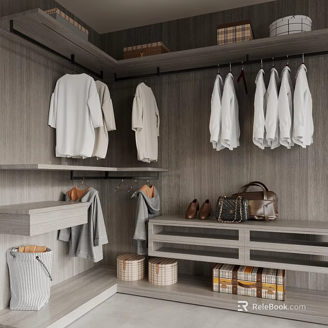 Modern Wooden Wardrobe with Hanging White Shirts Shoes Bags Folded Items and Storage Baskets 3d model 