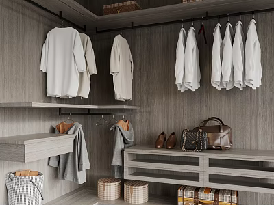 Modern Wooden Wardrobe with Hanging White Shirts Shoes Bags Folded Items and Storage Baskets 3d model