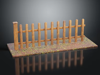 Wooden Fence Design with Vertical Slats Horizontal Rails and Brown Base with Green Yellow Specks 3d model