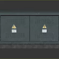 Outdoor Green Computer Cabinet With Double Doors Yellow Warning Signs And Gray Pedestal
